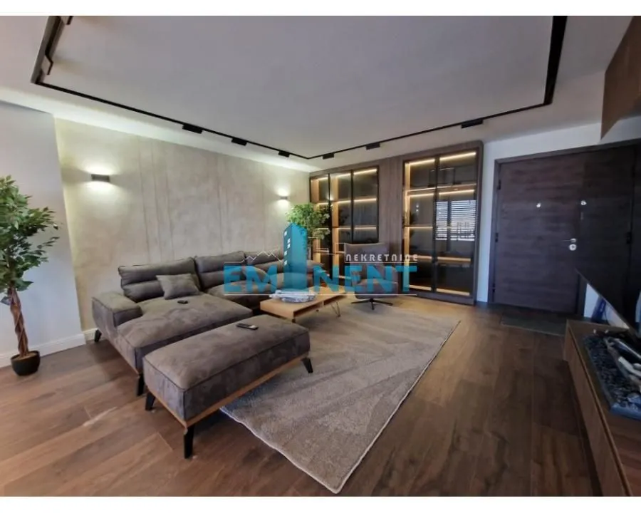 Modern living room with a sofa, coffee table, and built-in closets.