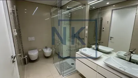 Modern bathroom with a walk-in shower, double vanity, and toilet. - image 11