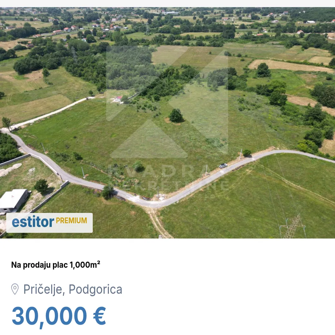 Prodaja, plac, 1000m², Pričelje, Podgorica