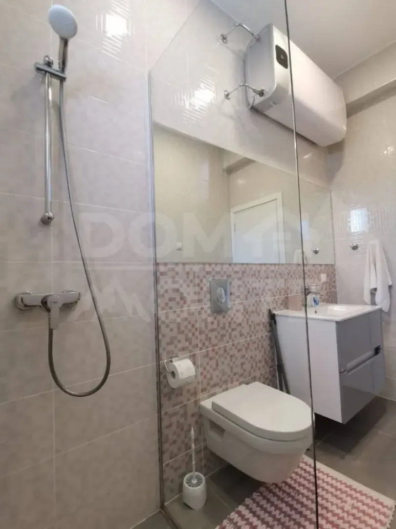 Modern bathroom with a walk-in shower, washbasin, and toilet.