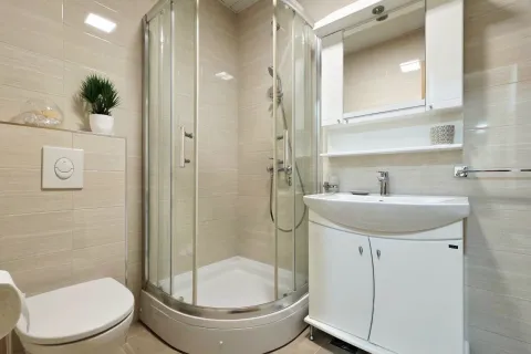 Bathroom equipped with a shower cabin, washbasin, and toilet. - image 12
