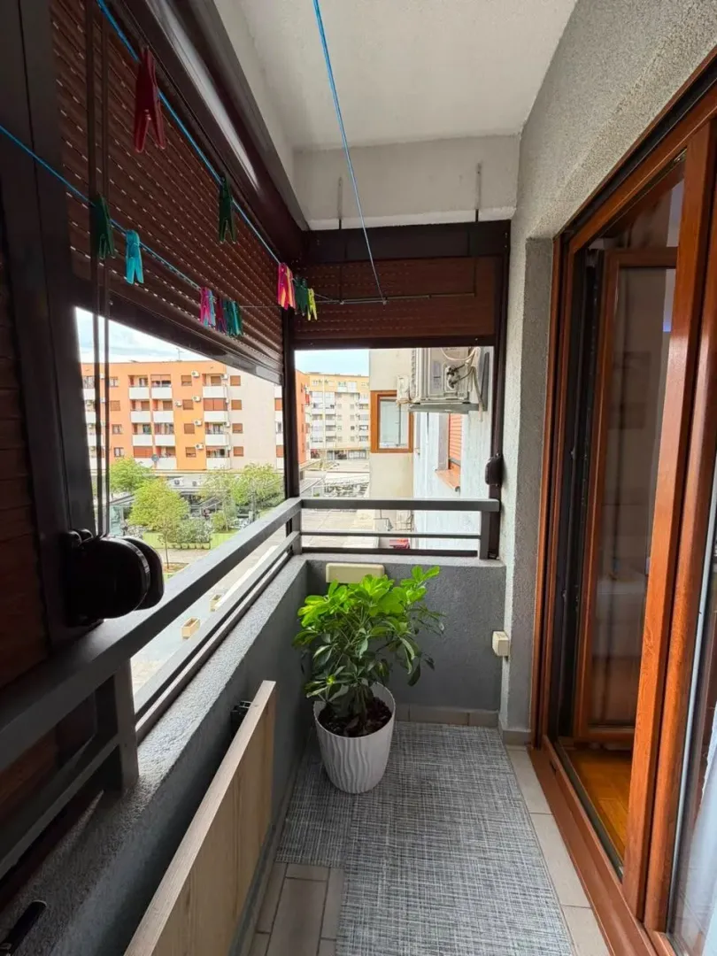 Manji zatvoreni balkon sa saksijom cvijeća i pogledom na naselje.