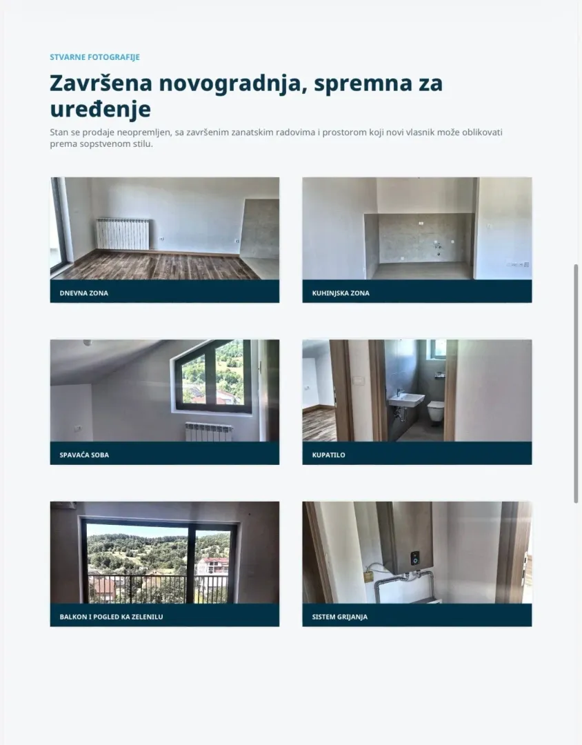 Pregled različitih prostorija u novogradnji spremnoj za uređenje.