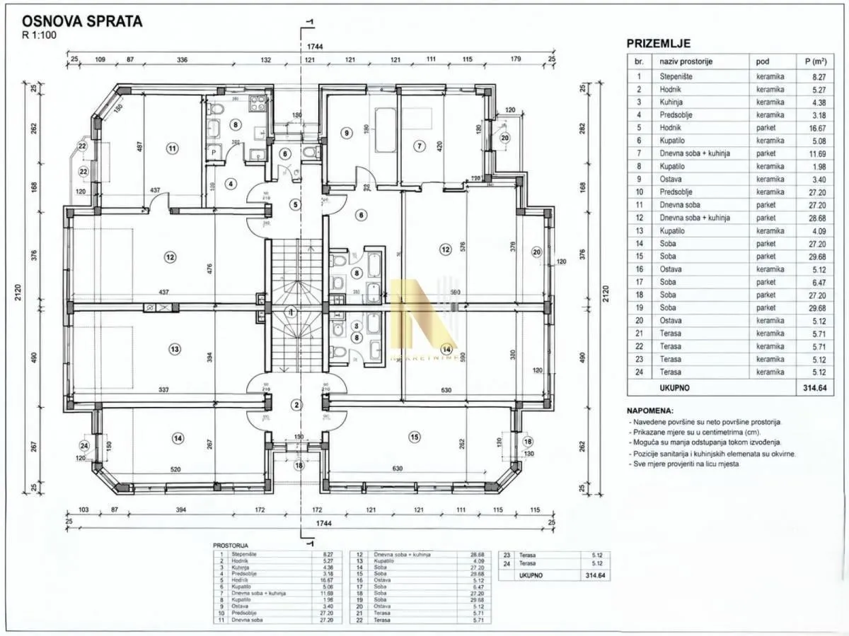 Osnova sprata sa rasporedom prostorija i dimenzijama.