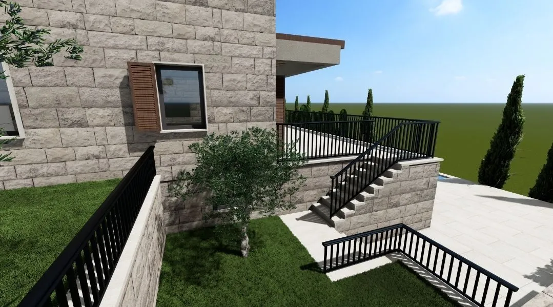 3D prikaz eksterijera kamene kuće sa dvorištem i spoljašnjim stepenicama.