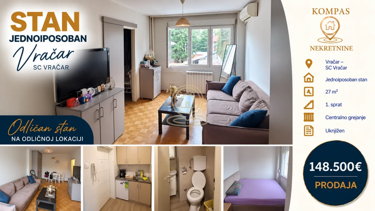 Sale, one bedroom apartment, 27m², Vračar Sve Podlokacije, Beograd
