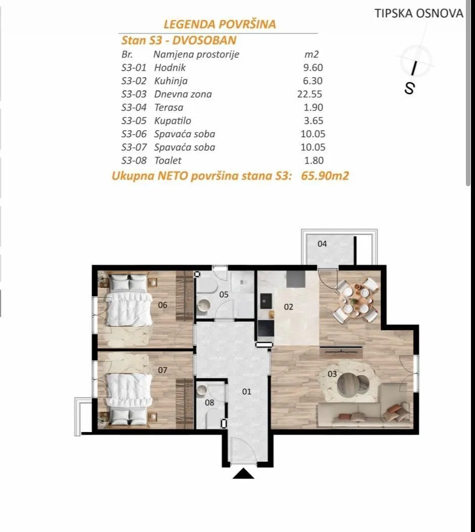 Prodaja, dvosoban stan, 66m², Zabjelo, Podgorica