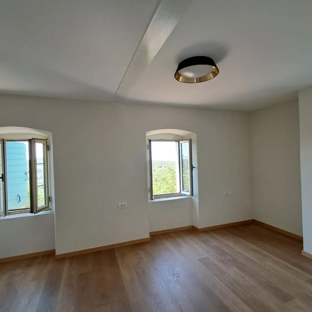 Empty room with parquet flooring and two windows overlooking outside.