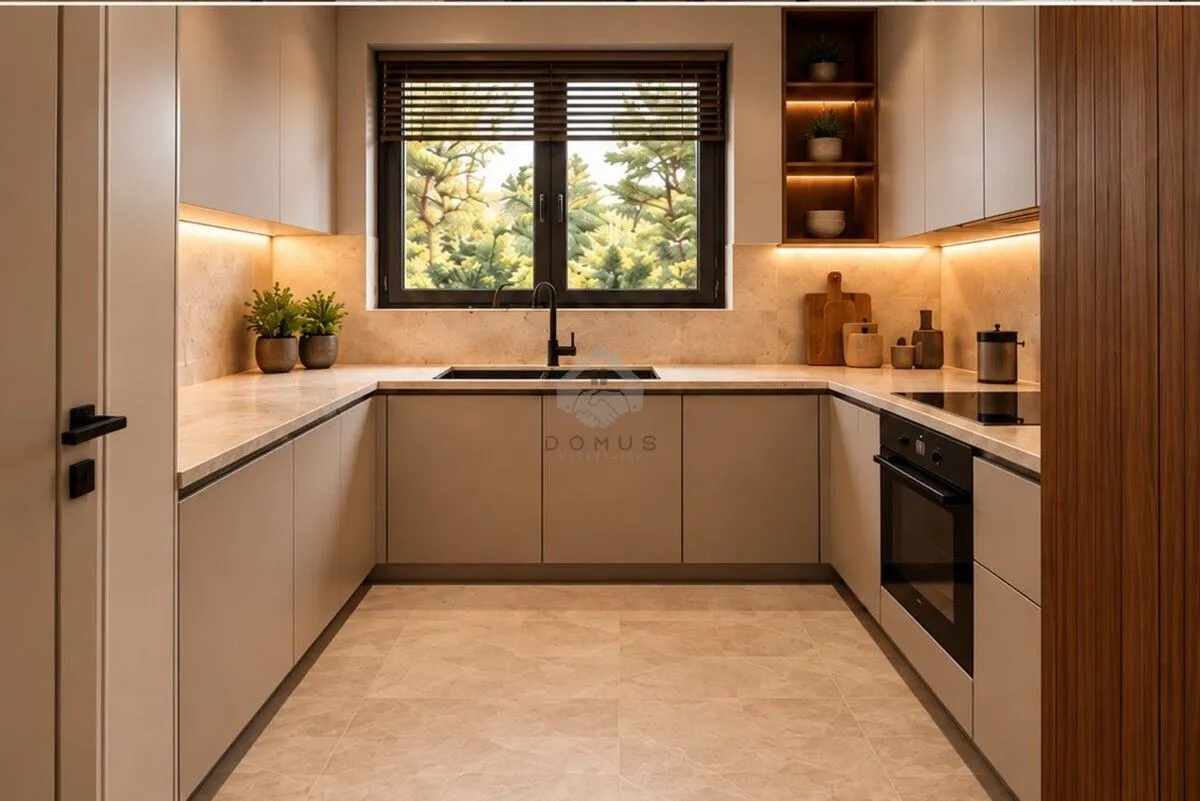 Modern U-shaped kitchen with built-in appliances and a window.