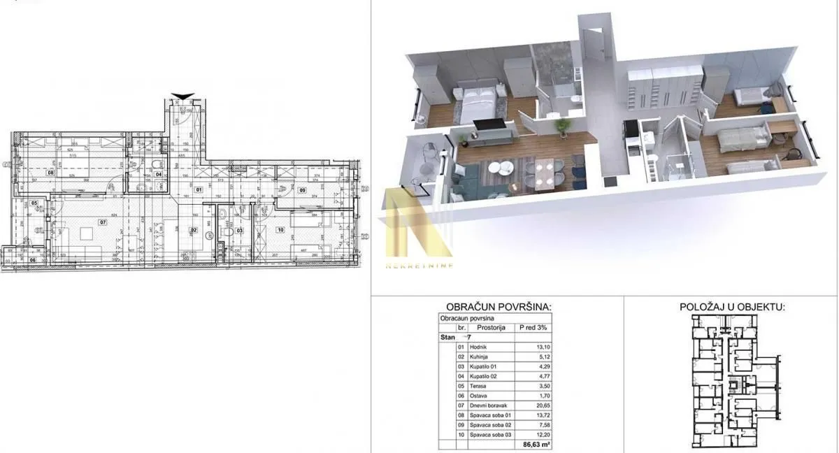 Arhitektonski plan stana sa rasporedom prostorija i 3D prikazom nameštaja.
