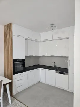Moderna bijela kuhinja sa ugradnim elementima i tamnom radnom površinom. - image 7