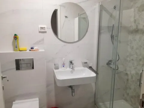 Modernly equipped bathroom with a washbasin, mirror, and shower cabin. - image 7