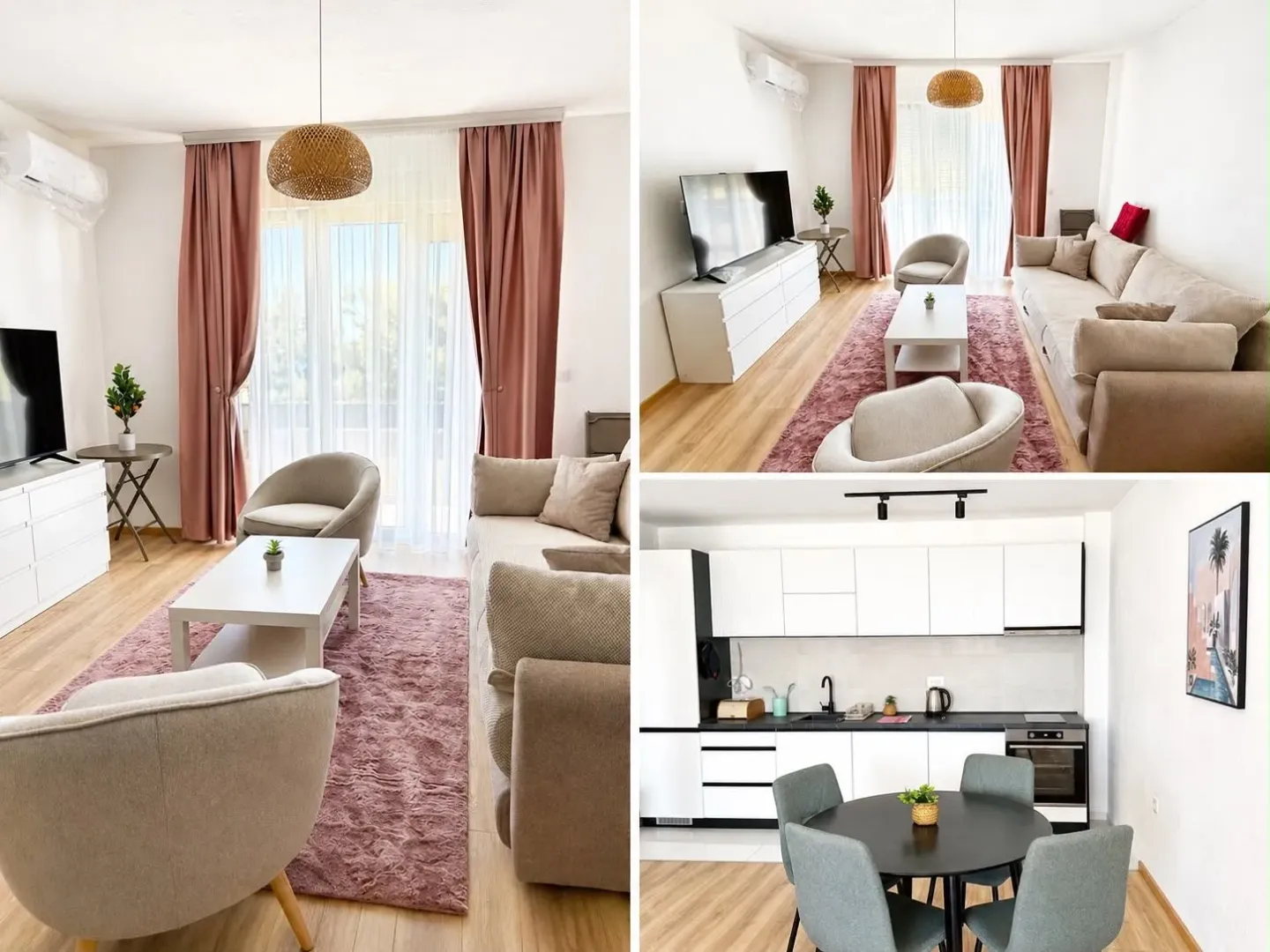 A photo collage showing a bright living room and a modern kitchen.