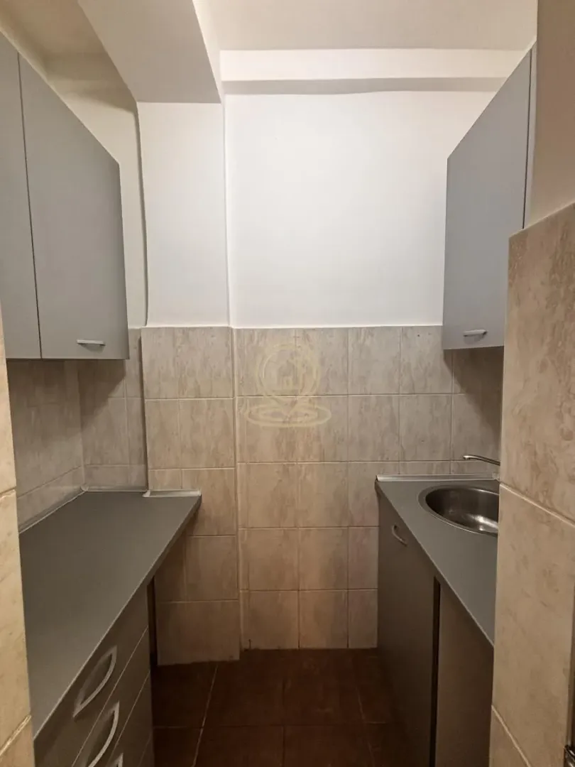 Small kitchen with a sink, countertops, and wall cabinets.