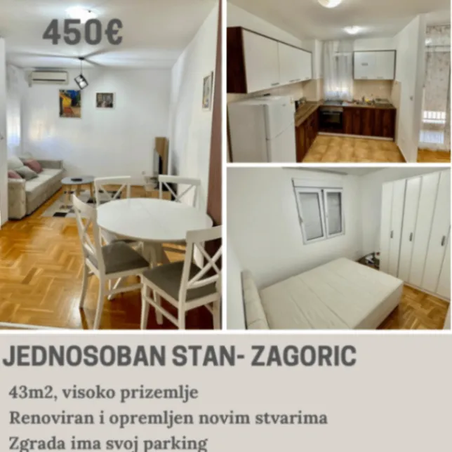 Rent, one bedroom apartment, 43m², Zagorič, Podgorica