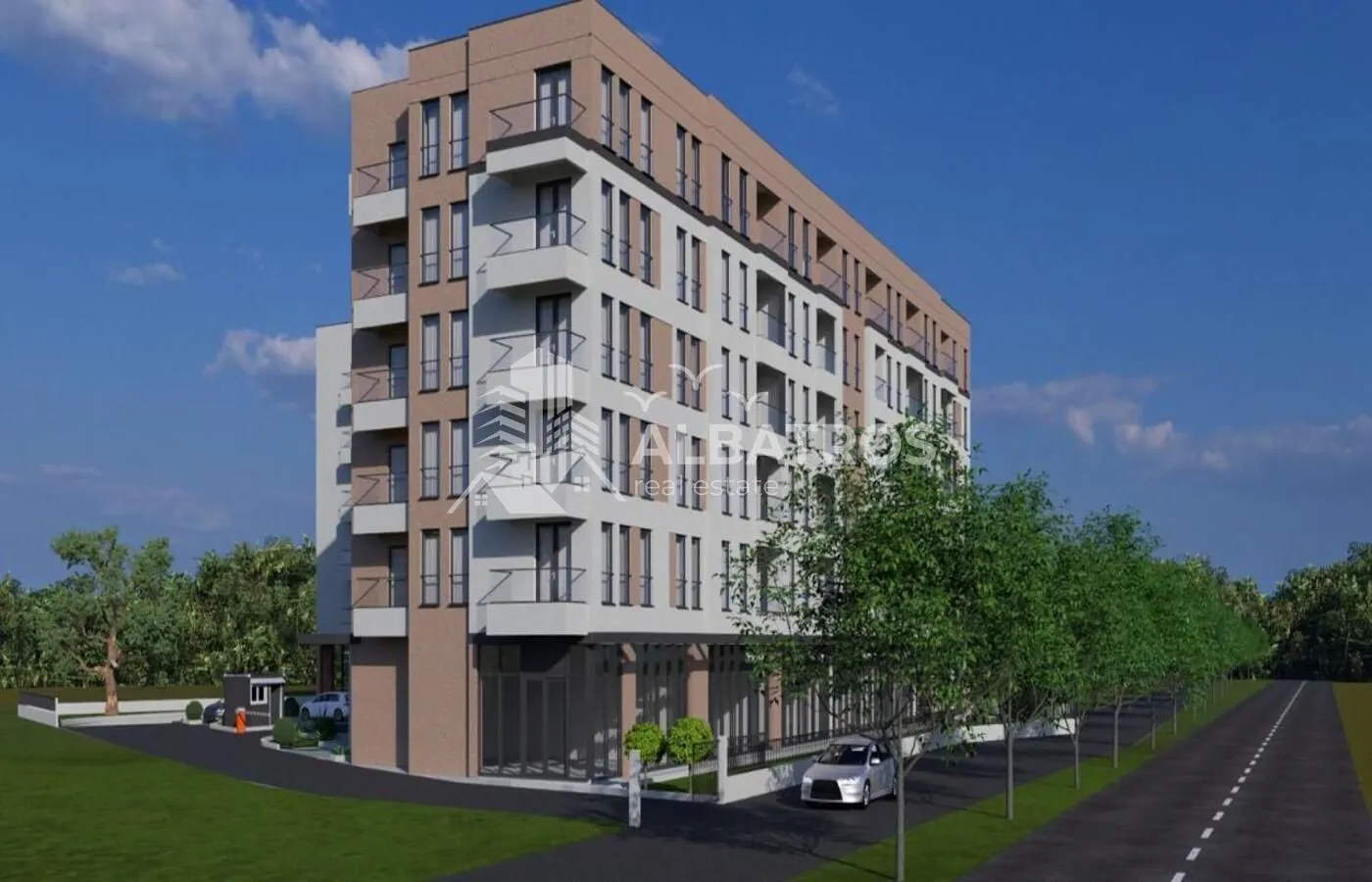 Spoljašnji izgled moderne stambene zgrade sa terasama i uređenim okruženjem.