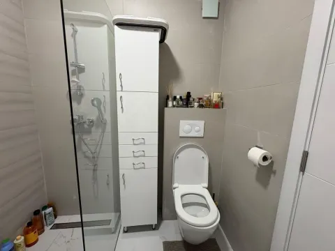 Manje kupatilo sa tuš kabinom, WC šoljom i bijelim elementom. - image 6