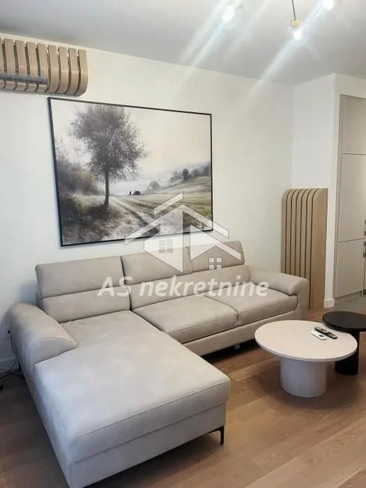 Living room with a sectional sofa, coffee table, and a wall painting.
