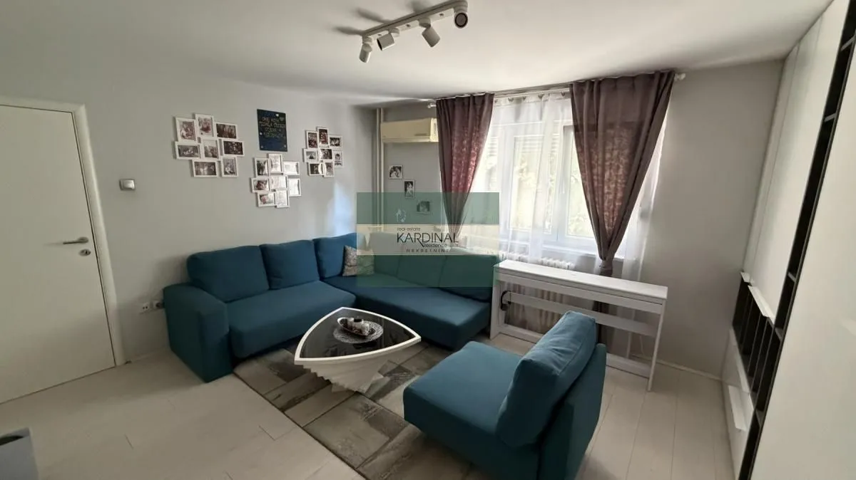 Dnevni boravak sa garniturom za sedenje i prozorom.