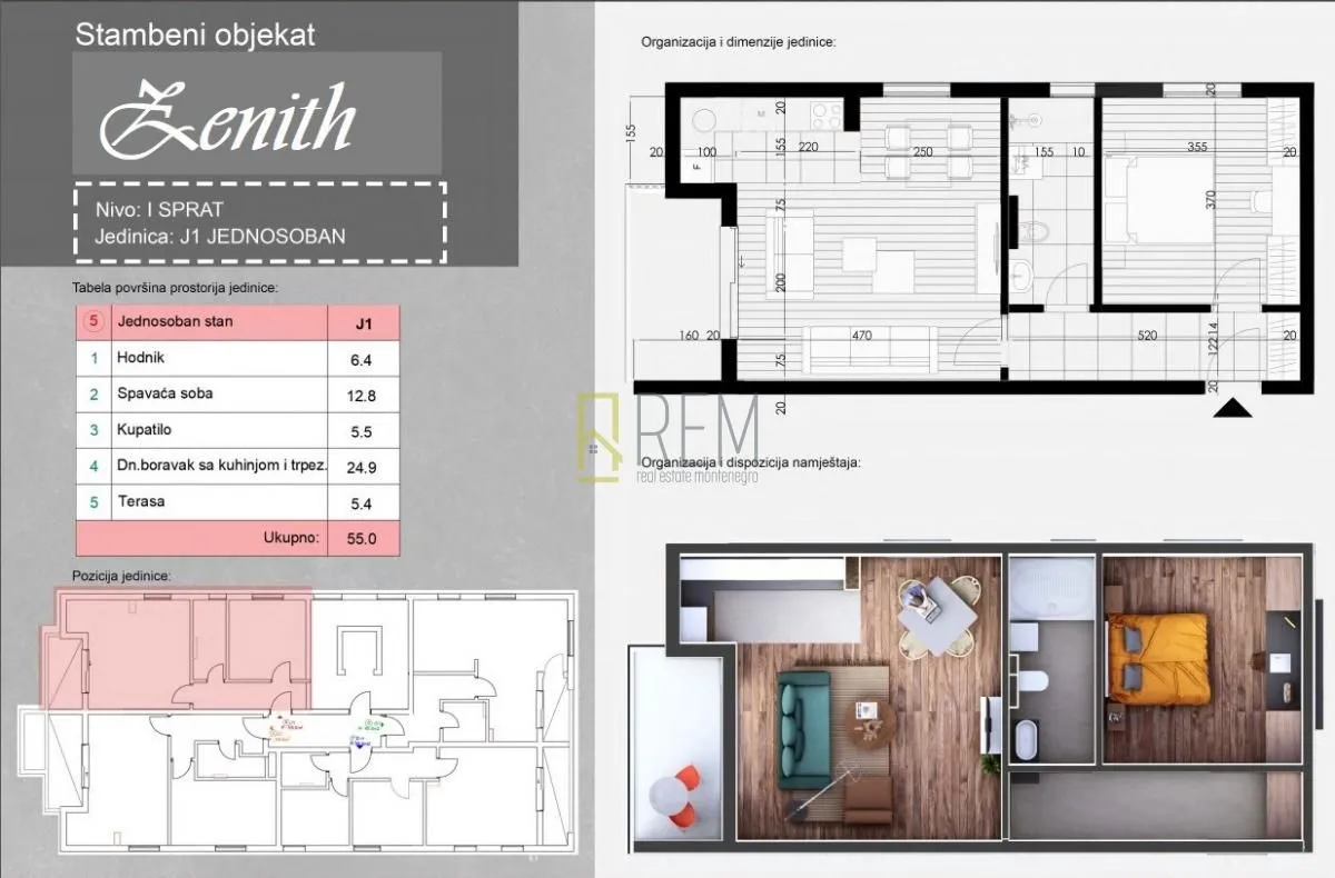Prodaja, jednosoban stan, 55m², Momišići, Podgorica