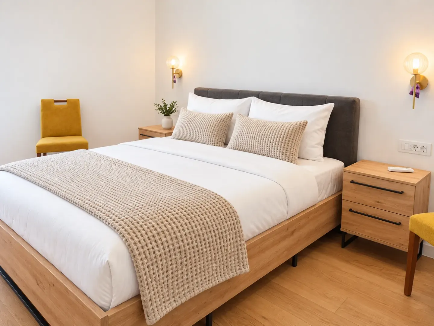 Furnished bedroom with a double bed, wooden nightstands, and yellow chairs.