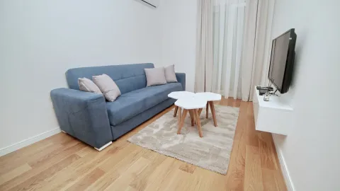 Bright living room with a blue sofa and TV. - image 12