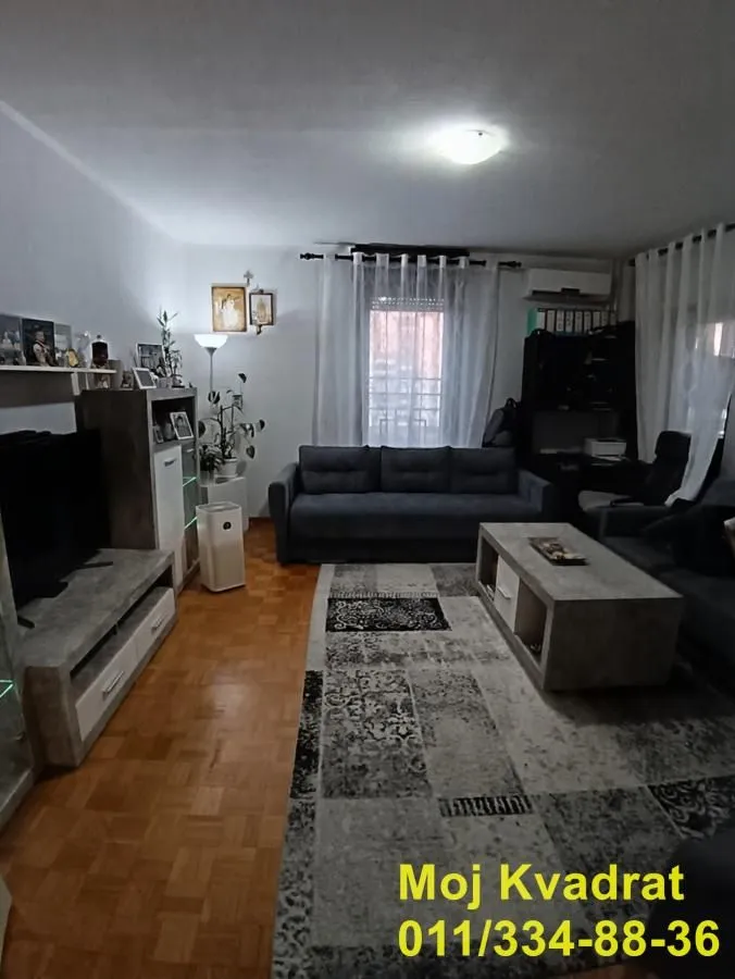 Nameštena dnevna soba sa garniturom, TV-om i tepihom.
