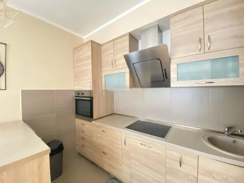 Kitchen with wooden cabinetry, built-in oven, hob, and extractor hood. - image 4