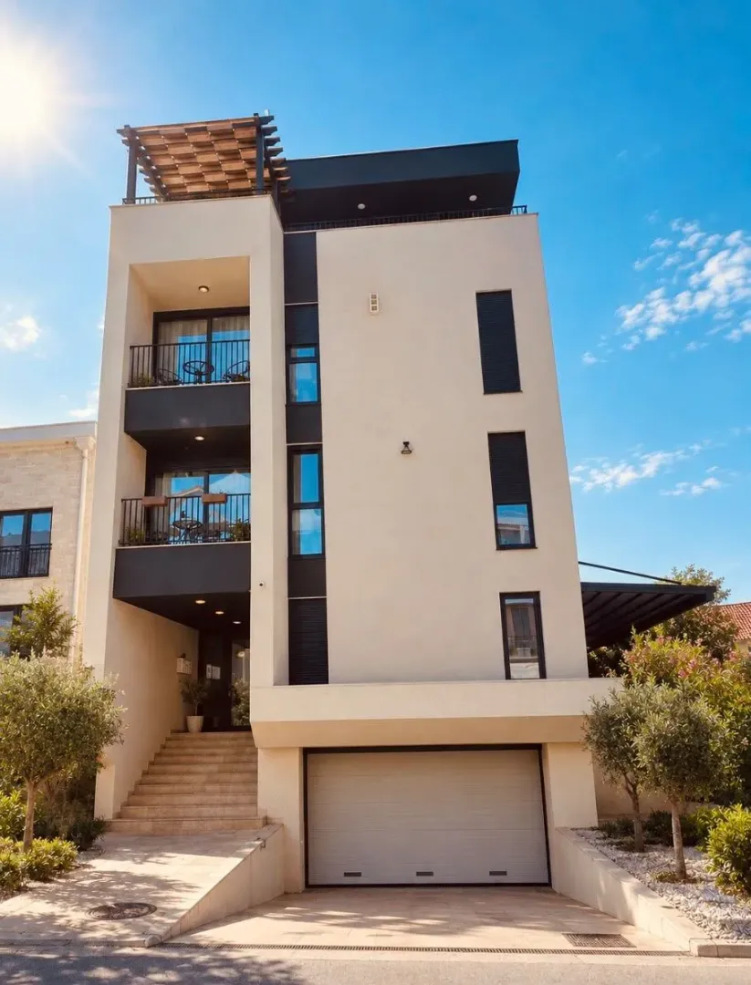 Front facade of a modern residential building with balconies and a garage.