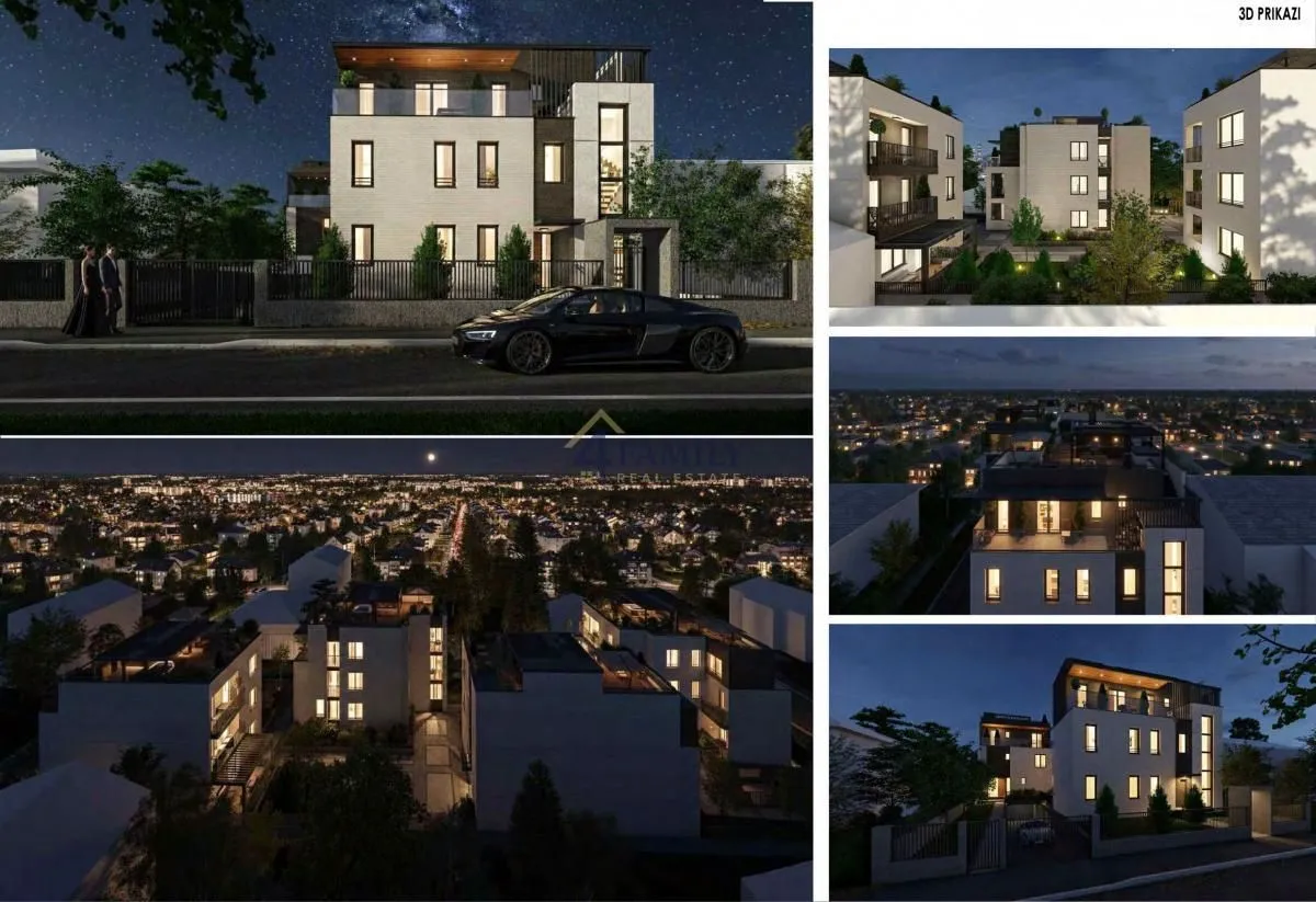 Kolaž noćnih 3D prikaza spoljašnjosti moderne stambene zgrade.