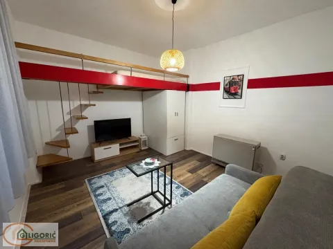 Small living room with a sofa, television, and sleeping loft. - image 2