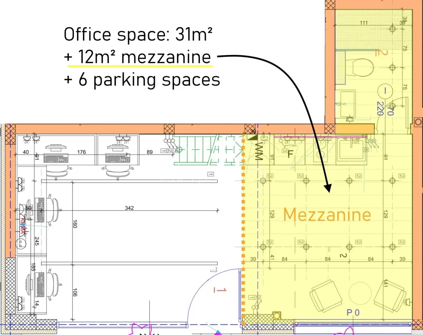 Floor plan of the office space with mezzanine and dimensions.