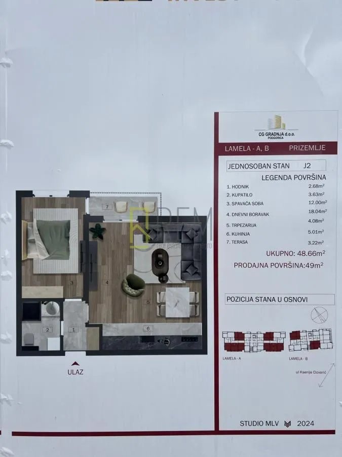 Prodaja, jednosoban stan, 49m², Zabjelo, Podgorica