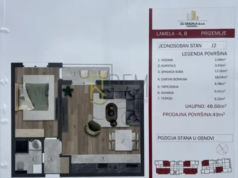 Prodaja, jednosoban stan, 49m², Zabjelo, Podgorica - image 3