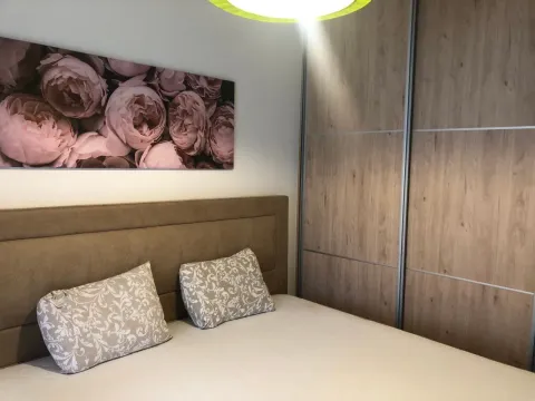 Bedroom with a double bed, headboard, and built-in wardrobe. - image 19