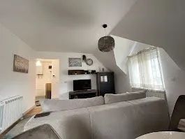 Svijetla dnevna soba sa kaučem i televizorom pod kosinom.