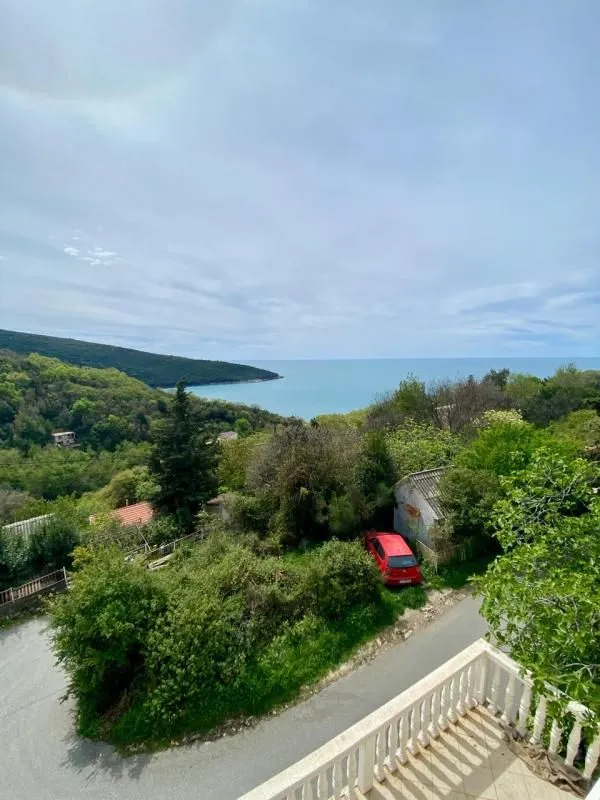 View of the sea and surrounding greenery from the property terrace.
