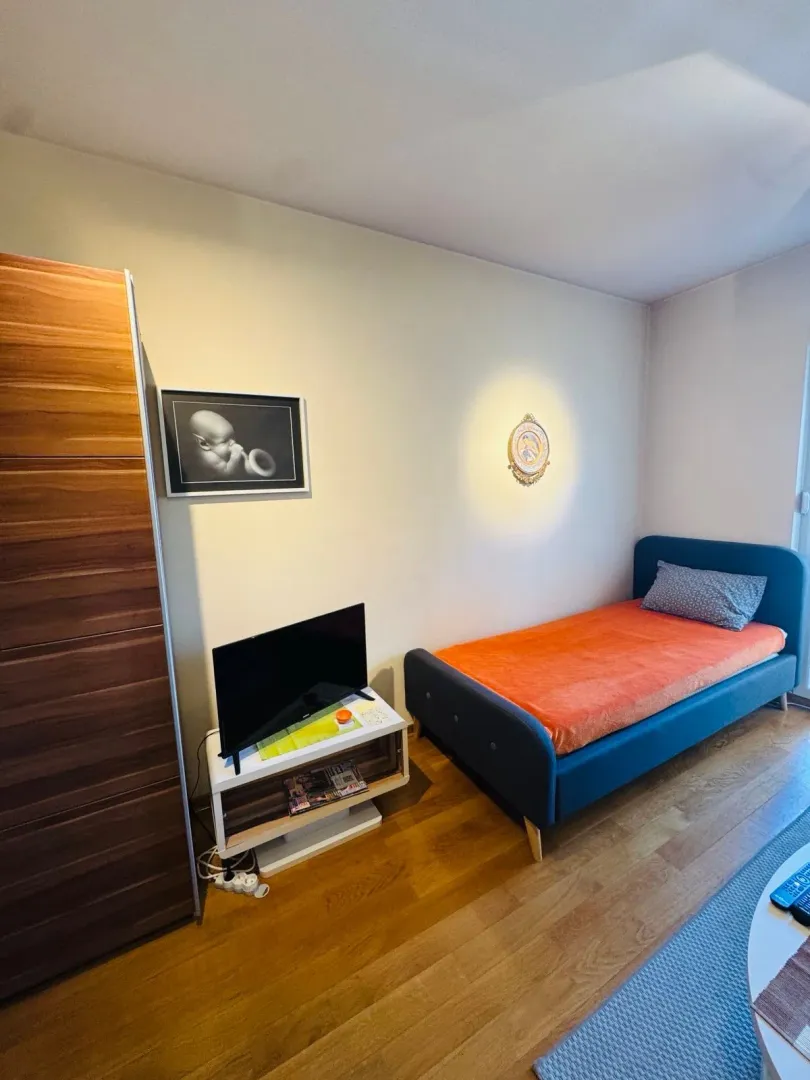 Small bedroom with a bed, wardrobe, and television.