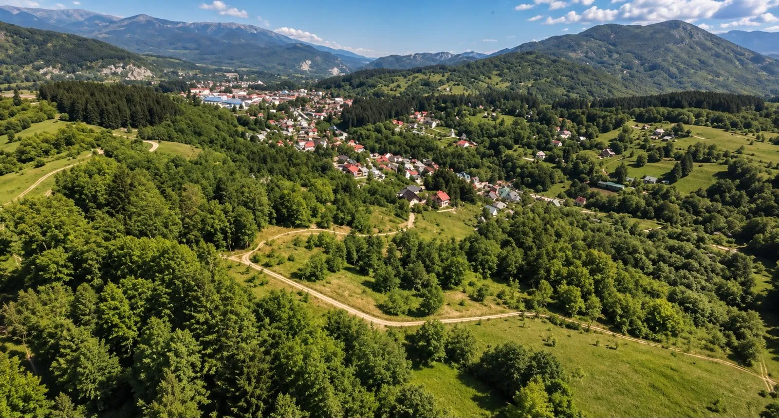 Pogled iz vazduha na šumoviti predio i naselje u podnožju planine.