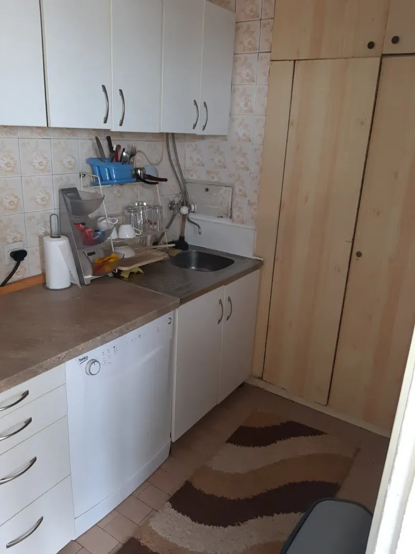 Simple kitchen with white cabinets and a dishwasher.