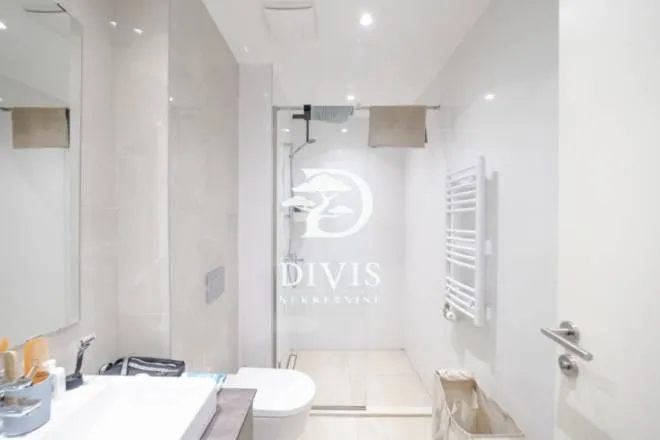 Modern bathroom with a walk-in shower, washbasin, and toilet.