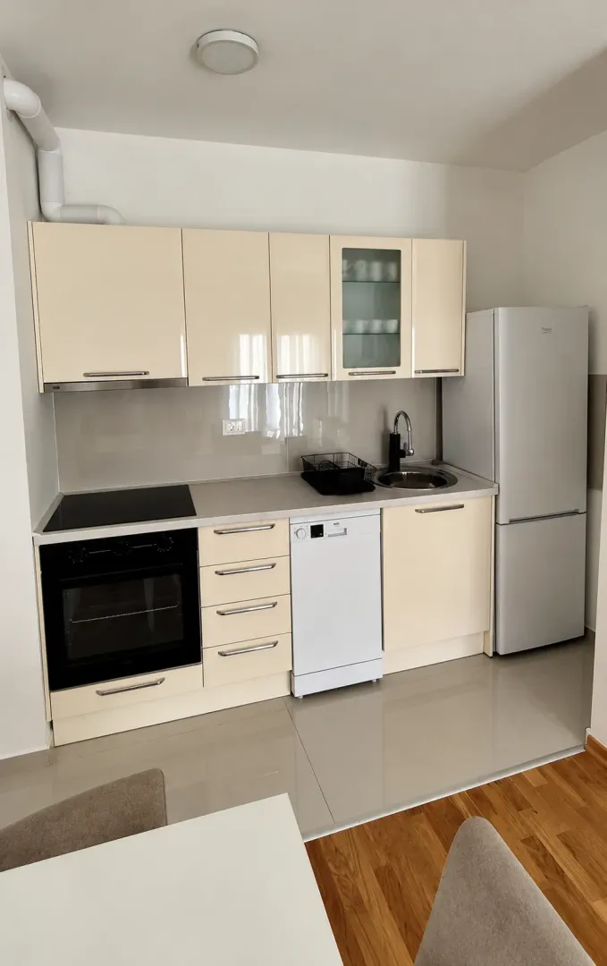 Small kitchen with light-colored cabinets and built-in appliances.