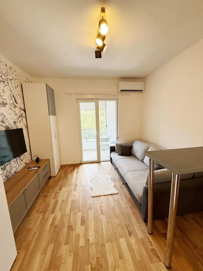 Living room with a sofa, TV unit, and access to the terrace.