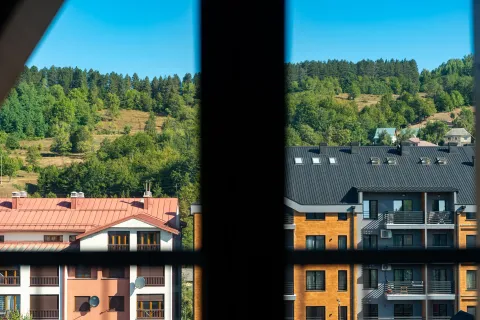 Pogled kroz prozor na okolne zgrade i šumu. - image 13