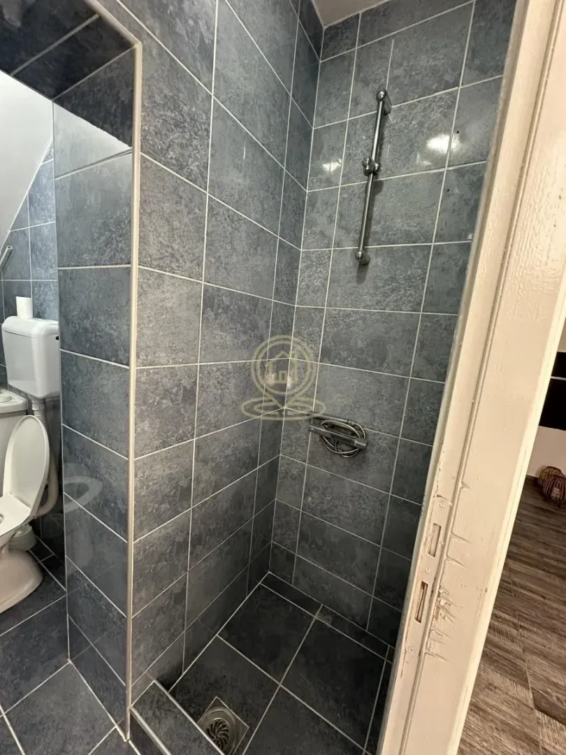 Kupatilo obloženo pločicama sa tuš kabinom i toaletom.