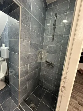 Kupatilo obloženo pločicama sa tuš kabinom i toaletom. - image 3