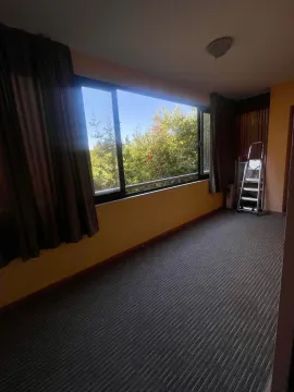 Empty room with a large window and a view of greenery. - image 10
