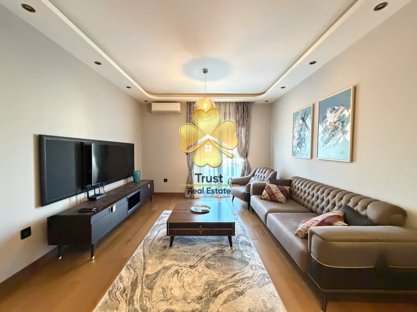Modernly furnished living room with a sofa and television.