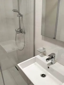 Pogled na umivaonik i tuš kabinu u modernom kupatilu. - image 7