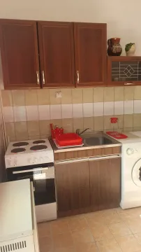 Manja kuhinja sa drvenim elementima, šporetom i sudoperom. - image 3